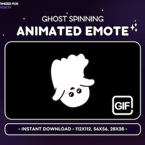 May include: Animated GIF of a white ghost spinning with a pink blush on its cheeks. The GIF is optimized for Twitch.TV and is available in multiple sizes: 112x112, 56x56, and 28x28.