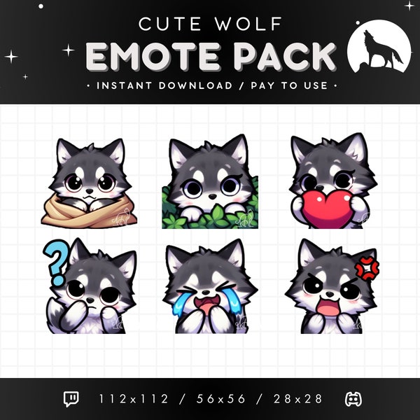 Cute Wolf Twitch Emote Pack 6x - Grey Wolf Emote, Wolf Discord Emote, Streaming Assets, Gaming, Stream, Emoji, Sticker, Love, Comfy, Cry