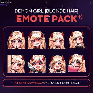 Demon Girl Twitch Emote Pack 8x - Blonde Hair Evil Succubus Girl, Kawaii Anime Emote, Devil Emote, Streaming, Discord Emote, Knife, Horns