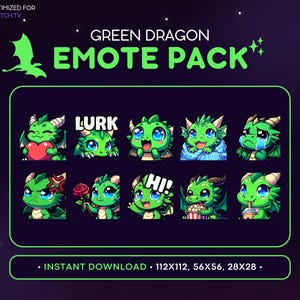 クールなグリーンドラゴン Twitch エモート パック - ドラゴン エモート バンドル、ドラゴン Discord エモート、ゲーム、ストリーミング、絵文字、かわいい、ブランケット、手を振る、泣く、潜む