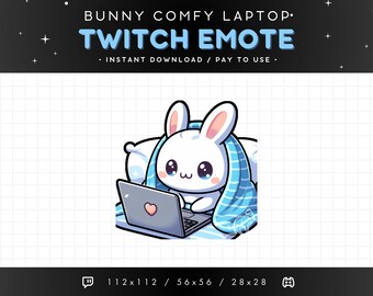 Comfy Bunny Lurk Watching Laptop Twitch Emote - Cute White Bunny Emote, Bunny Discord Emote, Blankies Emote, Cozy Blanket, Gaming, Stream