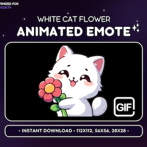 ANIMATED White Cat Twitch Emote - Holding Flower Cat Emote, Cat Discord Emote, Gaming, Streaming, Emoji, Kawaii Adorable, Gift, Love, Shy
