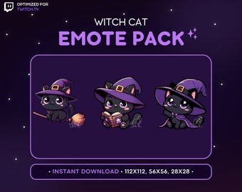 Cute Witch Black Cat Twitch Emote Pack - Witch Cat Emotes, Cat Discord Emote, Gaming, Streaming, Emoji, Kawaii Adorable, Magic, Fantasy