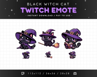 Cute Witch Black Cat Twitch Emote Pack - Witch Cat Emotes, Cat Discord Emote, Gaming, Streaming, Emoji, Kawaii Adorable, Magic, Fantasy