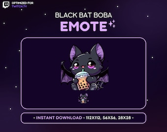 May include: A digital graphic featuring a cute black bat with purple accents, holding a boba drink. The text "BLACK BAT BOBA EMOTE" is displayed above the bat. The image is optimized for Twitch.tv and available for instant download.