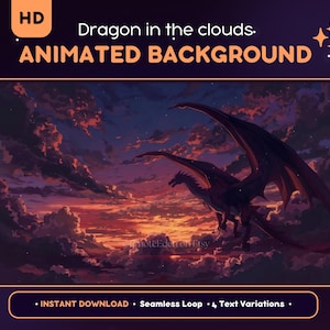 Streama animerad bakgrund - Solnedgångsdrake i himlen, moln, Anime VTuber mysig skrivbordsunderlägg, Twitch-överlägg, dekoration, OBS