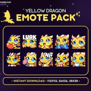 Cool Yellow Dragon Twitch Emote Pack - Dragon Emote Bundle, Dragon Discord Emote, Gaming, Streaming, Emoji, Kawaii, Blanket, Wave, Cry, Lurk