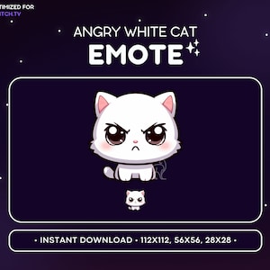 Lindo emoticón de gato blanco enojado para Twitch: emoticón de gato enojado, emoticón de gato para Discord, juegos, transmisión, emoji, kawaii adorable, molesto, suspiro, rabia
