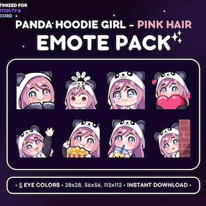 Paquete de 8 gestos de chica chibi: sudadera con capucha de panda, gesto de Twitch de chica de cabello rosado [piel clara, 5 colores de ojos], recursos de transmisión, Wave Love Lurk, té Boba