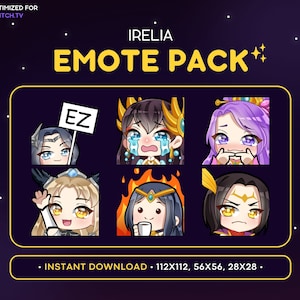Pack de 6 emoticones de Twitch de Irelia: Irelia League of Legends, emoticono de Discord de Irelia, recurso de streaming, chica gamer, emoji de pegatina, Ez, fuego, triste, tímido