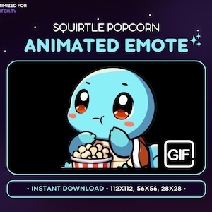 Może przedstawiać: Animowany GIF emotka przedstawiający niebieskiego Pokemona Squirtle jedzącego popcorn z czerwono-białego pasiastych wiaderka. Emotka jest oznaczona jako "Squirtle Popcorn Animated Emote" i "GIF".