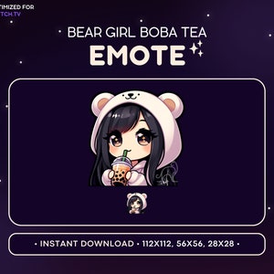 Emote de Twitch de Chica Chibi, Chica Oso con Sudadera, Emote de Anime Kawaii, Chica Gamer con Té de Burbujas, Emote de Chica Boba, Streaming, Videojuegos, Emote de Discord