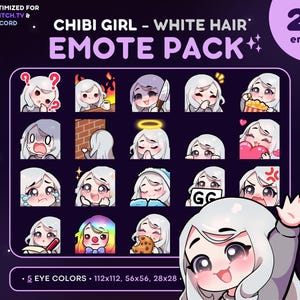Chibi Girl Emote Pack 20x - White Hair Girl Twitch Emote [Fair Skin, 5 Eye Colors], Streaming Assets, Wave, Love, Lurk, Notes, Knife, Mad