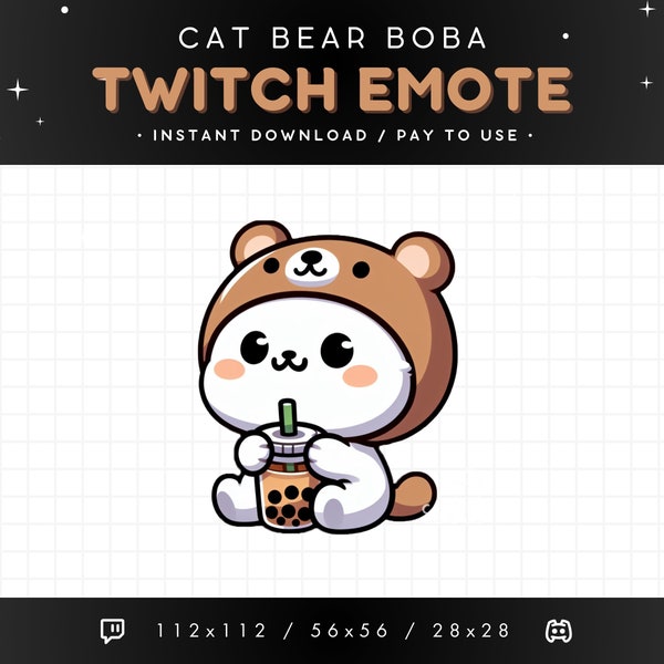 Cute Cat Twitch Emote - Bubble Tea Cat with Bear Hat Emote, Cat Discord Emote, Gaming, Streaming, Emoji, Kawaii Adorable, Boba, Drink