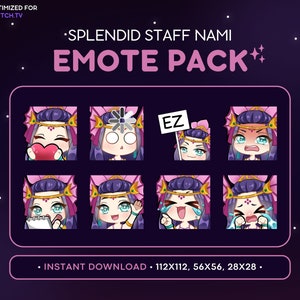 Peut inclure: Un ensemble de huit émoticônes Twitch animées représentant un personnage aux cheveux violets avec différentes expressions. Les émoticônes sont disposées en grille sur un fond rose avec le texte "Splendid Staff Nami Emote Pack" en haut. Le texte "EZ" est visible sur l'une des émoticônes. Le texte "Téléchargement instantané - 112x112, 56x56, 28x28" est en bas.