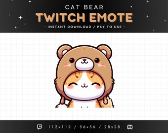 Cute Cat Twitch Emote - Bear Hat Cat Emote, Cat Discord Emote, Gaming, Streaming, Emoji, Kawaii Adorable, Funny, Goofy, Teddy Bear, Orange