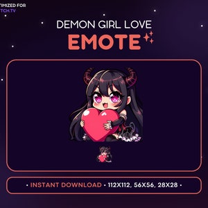 Cute Demon Girl Twitch Emote, Evil Hell Girl, Kawaii Anime Emote, Gamer, Horns, Devil Chibi, Vtuber, Gaming, Discord Emote, Love, Heart