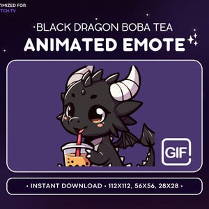 アニメーションブラックドラゴンTwitchエモートボバティー - バブルティードラゴンエモート、ドラゴンDiscordエモート、ゲーム、ストリーミング、かわいい絵文字、愛らしい、ドリンク