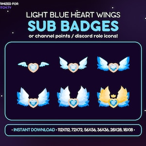 Könnte beinhalten: Satz von sechs hellblauen Herzflügel-Sub-Badges in verschiedenen Größen, darunter 112x112, 72x72, 56x56, 36x36, 28x28 und 18x18. Die Abzeichen zeigen ein hellblaues Herz mit einem weißen Edelstein in der Mitte und weißen Flügeln.