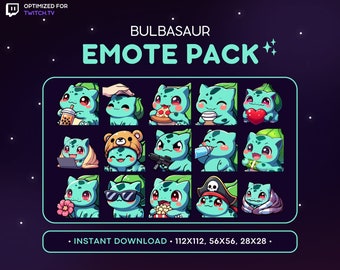 Niedliches Bisasam-Twitch-Emote-Paket (15 Stück) – Bisasam-Pokémon-Emote, Gaming- und Streaming-Elemente, Bisasam-Discord-Emote, Liebe, Gemütlichkeit, Popcorn, Haustier