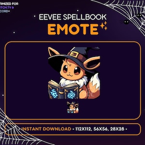 May include: A digital graphic featuring an Eevee character wearing a witch hat and reading a spellbook. The word "EMOTE" is in orange, with the text "EEVEE SPELLBOOK" above it. The image is optimized for Twitch.tv and Discord.