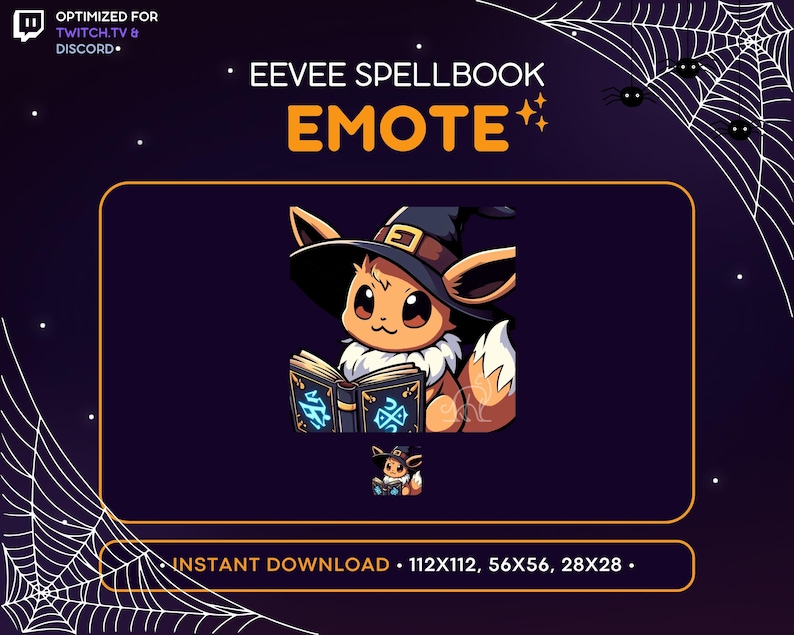 May include: A digital graphic featuring an Eevee character wearing a witch hat and reading a spellbook. The word "EMOTE" is in orange, with the text "EEVEE SPELLBOOK" above it. The image is optimized for Twitch.tv and Discord.