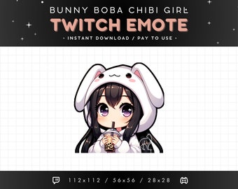 Chibi Girl Twitch Emote, Black Hair Bunny Girl, Kawaii Anime Emote, Gamer Girl Bubble Tea, Boba Girl Emote, Streaming, Gaming, Discord Emote