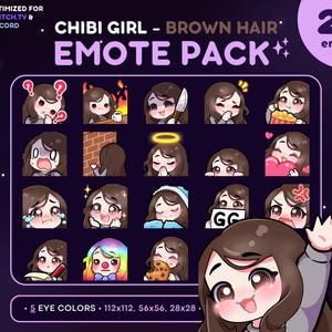 Pack de 20 gestos de chica chibi: gesto de Twitch de chica de cabello castaño oscuro [piel clara, 5 colores de ojos], recursos de transmisión: ola, amor, acecho, notas, cuchillo