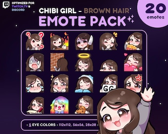 Chibi Girl Emote Pack 20x - Dark Brown Hair Girl Twitch Emote [Fair Skin, 5 Eye Colors], Streaming Assets, Wave, Love, Lurk, Notes, Knife