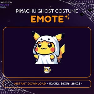 K&ouml;nnte beinhalten: Eine digitale Illustration von Pikachu, das ein wei&szlig;es Geisterkost&uuml;m tr&auml;gt. Das Bild ist vor einem dunkelvioletten Hintergrund mit wei&szlig;en Spinnweben platziert. Der Text "PIKACHU GHOST COSTUME EMOTE" ist in orange und gelber Schrift dargestellt. Der Text "INSTANT DOWNLOAD - 112X112, 56X56, 28X28 -" ist in orangefarbener Schrift dargestellt.