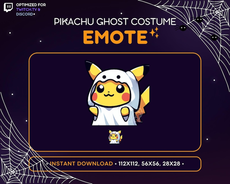 K&ouml;nnte beinhalten: Eine digitale Illustration von Pikachu, das ein wei&szlig;es Geisterkost&uuml;m tr&auml;gt. Das Bild ist vor einem dunkelvioletten Hintergrund mit wei&szlig;en Spinnweben platziert. Der Text "PIKACHU GHOST COSTUME EMOTE" ist in orange und gelber Schrift dargestellt. Der Text "INSTANT DOWNLOAD - 112X112, 56X56, 28X28 -" ist in orangefarbener Schrift dargestellt.