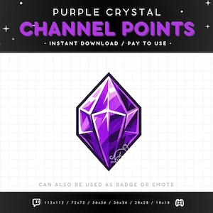 以下が含まれることがあります： Twitch または YouTube 用のパープルクリスタルチャンネルポイントアイコン。アイコンは、中央に星が描かれたパープルのダイヤモンドです。画像の上部には「PURPLE CRYSTAL」と「CHANNEL POINTS」のテキストがあります。画像の下部には「CAN ALSO BE USED AS BADGE OR EMOTE」のテキストがあります。テキストの下には「112x112 / 72x72 / 56x56 / 36x36 / 28x28 / 18x18」のテキストがあります。