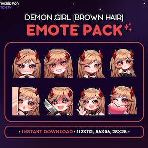 Demon Girl Twitch Emote Pack 8x - Brown Hair Evil Succubus Girl, Kawaii Anime Emote, Devil Emote, Streaming, Discord Emote, Knife, Horns