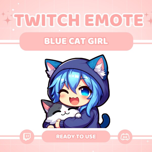 Blue Hair Chibi Girl Twitch Emote, Hugging Cat, Kawaii Anime Emote, Cat Girl Twitch Emote, Cute Cat Emote, Streaming Gaming Discord Emote