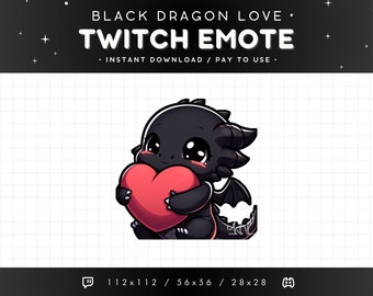 Cute Black Dragon Twitch Emote Love - Heart Dragon Emote, Dragon Discord Emote, Gaming, Streaming, Emoji, Kawaii, Adorable, Hug, Gift