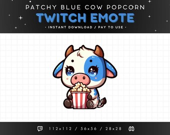 Cute Blue Patchy Cow Twitch Emote - Eating Popcorn Cow Emote, Cow Discord Emote, Gaming, Streaming, Emoji, Kawaii Adorable, Drama