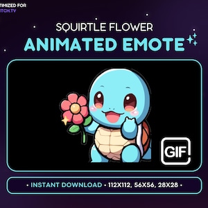 Może przedstawiać: Animowany GIF emotka przedstawiający niebieskiego Squirtle'a trzymającego różowy kwiat. W obrazie widoczny jest tekst "SQUIRTLE FLOWER ANIMATED EMOTE" i "GIF!". Widoczny jest również tekst "INSTANT DOWNLOAD 112X112, 56X56, 28X28".
