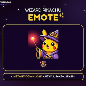 Może przedstawiać: Kreskówkowa grafika przedstawiająca Pikachu ubranego w szatę czarodzieja w kolorze fioletowym i czapkę z ostrym zakończeniem. Tło jest ciemnofioletowe z gwiazdami. Tekst "WIZARD PIKACHU EMOTE" znajduje się w górnej części obrazu. Tekst "INSTANT DOWNLOAD - 112X112, 56X56, 28X28." znajduje się w dolnej części obrazu.