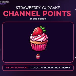 Strawberry Cupcake Twitch Channel Point Icon, Sub Badge, Emote - Dessert Discord Emote, Streaming Assets Gaming Emoji, Sticker, Fruit
