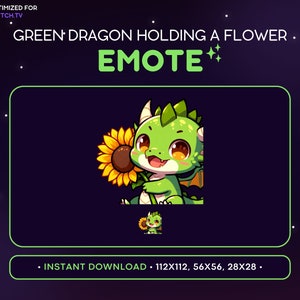 Green Dragon Twitch Emote Holding Flower -  Sunflower Dragon Emote, Dragon Discord Emote, Gaming, Streaming, Emoji, Kawaii, Adorable