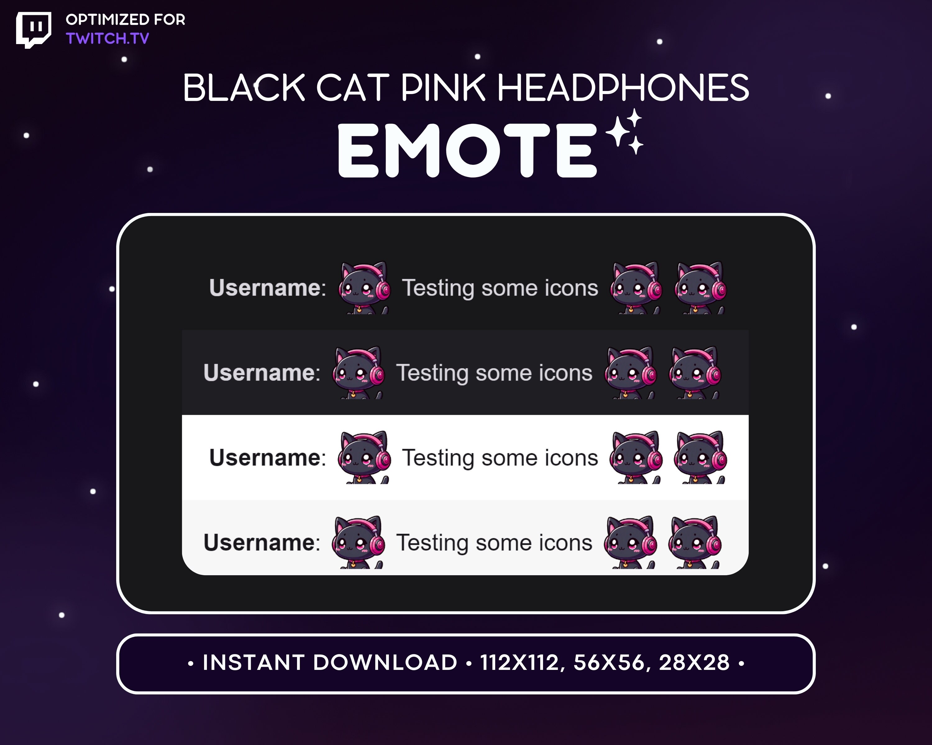 Cute Black Cat Twitch Emote Jamming Cat Emote, Pink Headphones Cat