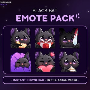 Cute Chibi Bat Twitch Emote Pack - Black Bat Emote, Bat Discord Emote, Gaming, Streaming, Emoji, Kawaii, Adorable, Knife, Comfy, Boba, Love