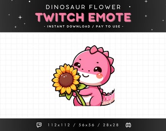 Cute Dinosaur Twitch Emote - Holding Flower Dinosaur Emote, Dinosaur Discord Emote, Gaming, Streaming, Emoji, Kawaii Adorable, Gift, Love