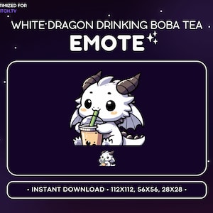 White Dragon Twitch Emote Boba Tea - Bubble Tea Dragon Emote, Dragon Discord Emote, Gaming, Streaming, Emoji, Kawaii, Adorable, Drink