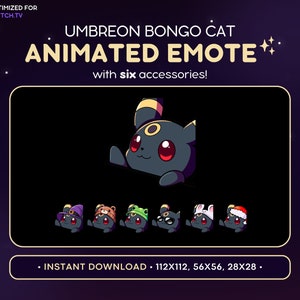 Puede incluir: Emoticono animado de Twitch con un gato Umbreon negro con un anillo amarillo alrededor del ojo. El gato lleva una variedad de accesorios, incluyendo un sombrero de bruja, un sombrero de oso, un sombrero de rana, gafas de sol, un sombrero de conejo y un gorro de Papá Noel. El emoticono está disponible en tres tamaños: 112x112, 56x56 y 28x28.
