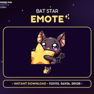 Bat Twitch-emote: MVP, knuffelen met een ster, glanzend, trots, Discord-server, emoji, stroomdecoratie, goed gedaan, GG, goed gespeelde overwinning, nachtelijk