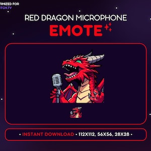 Red Dragon Twitch Emote - Microphone Dragon Emote, Dragon Discord Emote, Gaming, Streaming, Emoji, Kawaii, Adorable, Singing, Talking, Voice