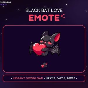 Schattige vleermuis twitch emote liefde - hart vleermuis emote, vleermuis onenigheid emote, gaming, streaming, emoji, kawaii, schattig, knuffel, nacht, lucht, zwarte vleermuis