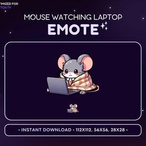 快適なマウスがノートパソコンを見ているTwitchエモート - かわいいマウスTwitchエモート、マウスDiscordエモート、ブランケットエモート、心地よいブランケット、ゲーム、ストリーム