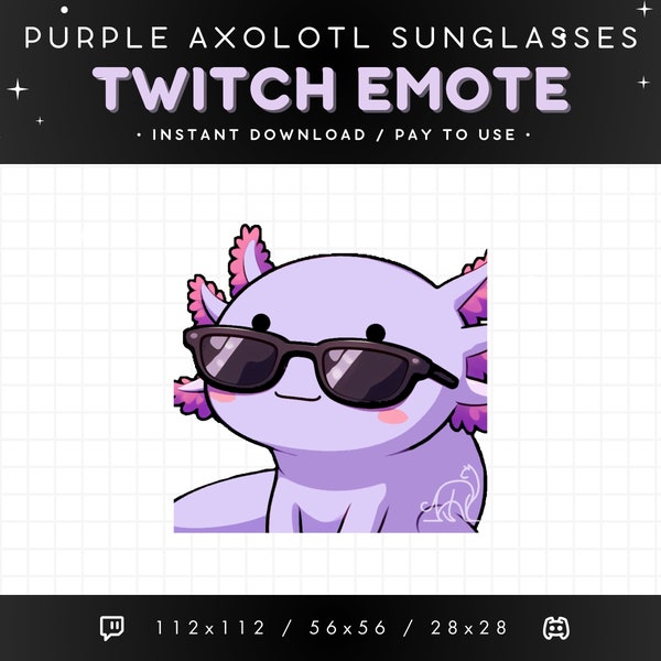 Cool Axolotl Twitch Emote - Sunglasses Purple Axolotl Emote, Axolotl Discord Emote, Gaming, Streaming Emoji, Kawaii, Funny, Pastel, Lavender